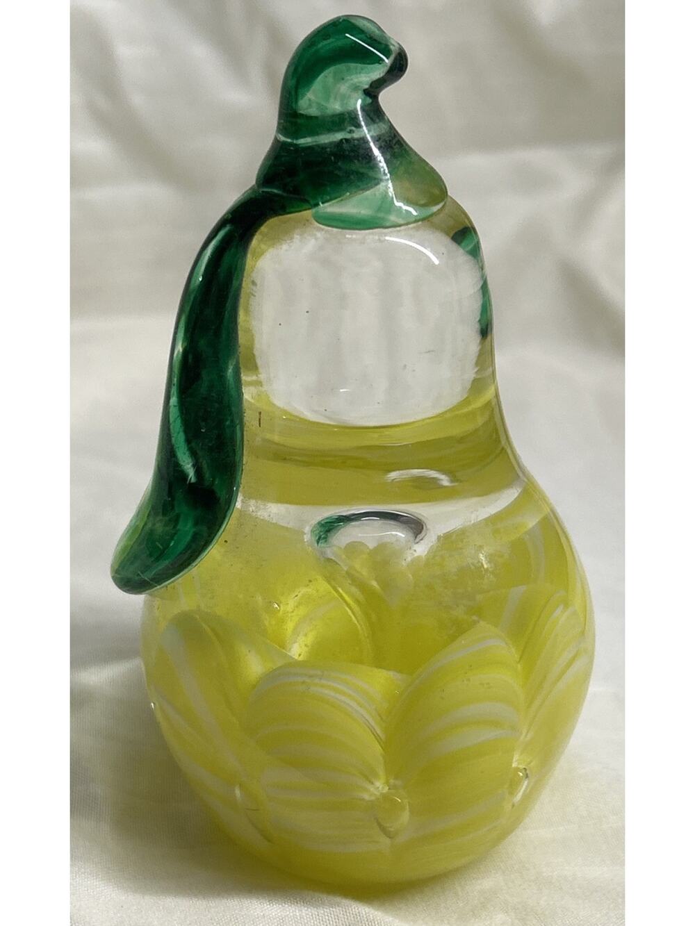 JOE RICE Pear Glass Art Piece~ Controlled Bubble Paperweight 5"x3"